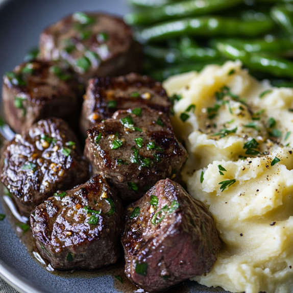 Garlic Butter Steak Bites with Mashed Potatoes and Green Beans: A Hearty, Flavorful Meal