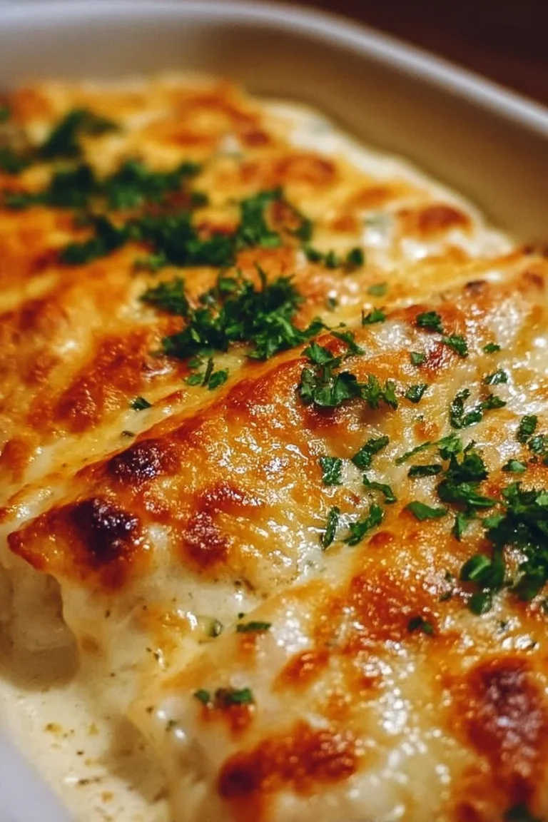 Creamy white chicken enchiladas topped with cheese and fresh cilantro