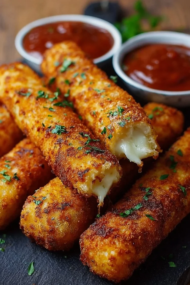 Crispy homemade mozzarella sticks on a plate with marinara sauce