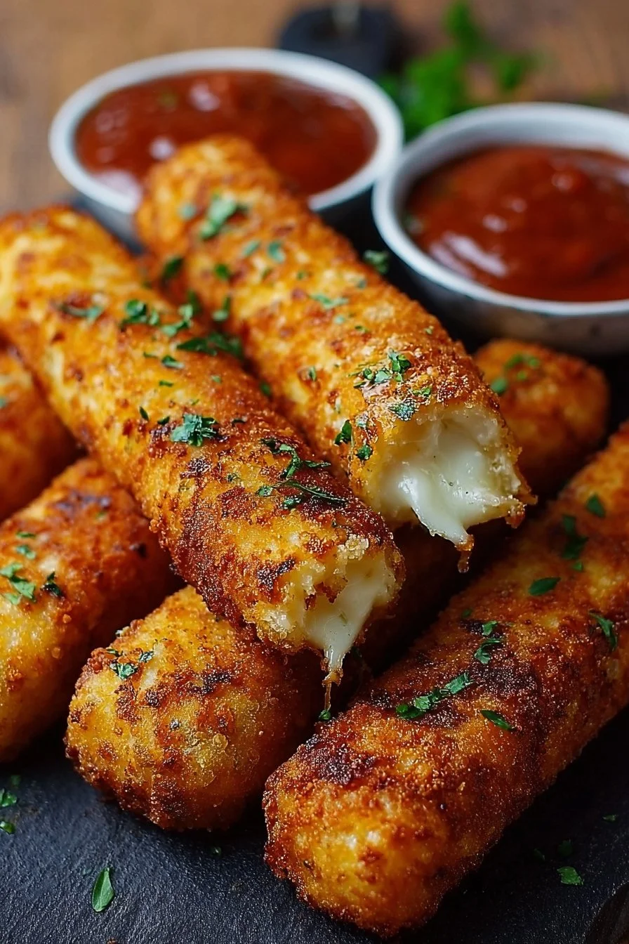 Crispy homemade mozzarella sticks on a plate with marinara sauce