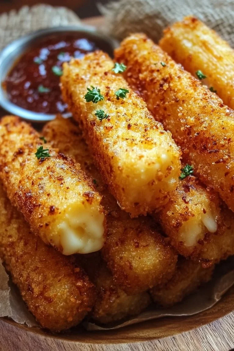 Crispy Hungarian potato cheese sticks served on a plate with dipping sauce.