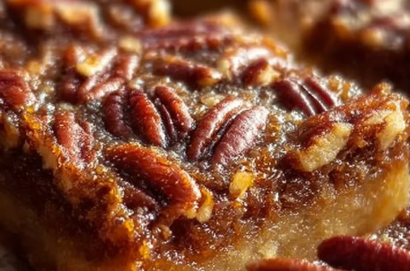 Deliciously layered decadent pecan pie bars ready to be enjoyed