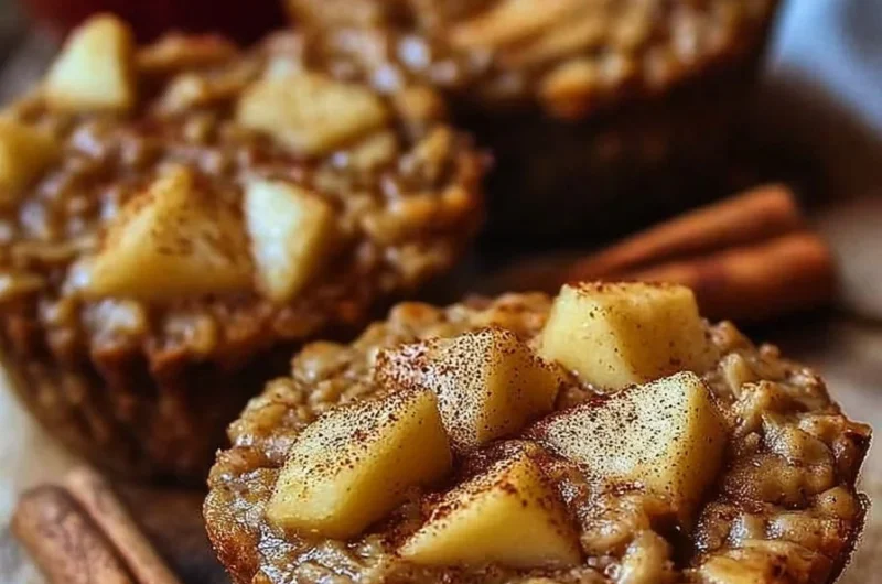 Healthy baked apple cinnamon oatmeal cups in a lined muffin tray