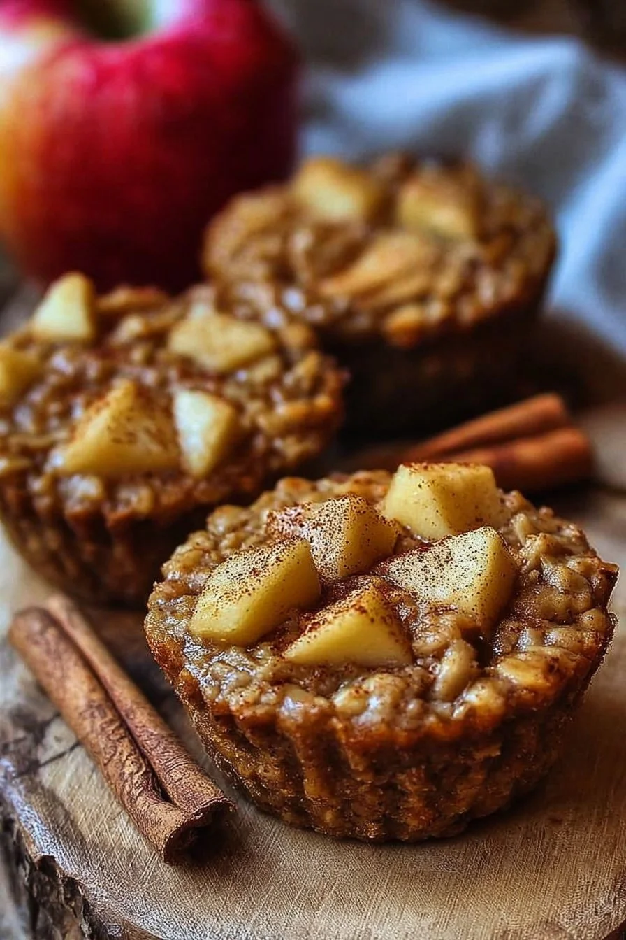 Healthy baked apple cinnamon oatmeal cups in a lined muffin tray