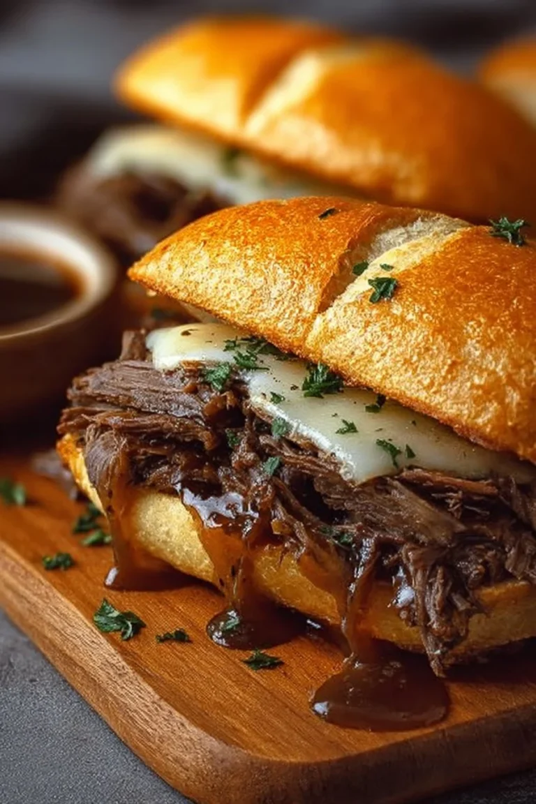 Hearty slow cooker French dip sandwiches served with rich dipping broth