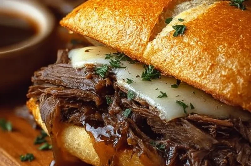 Hearty slow cooker French dip sandwiches served with rich dipping broth