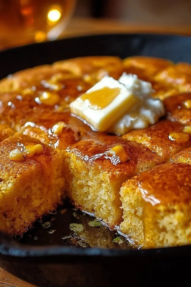 Delicious honey butter cornbread in a cast iron skillet
