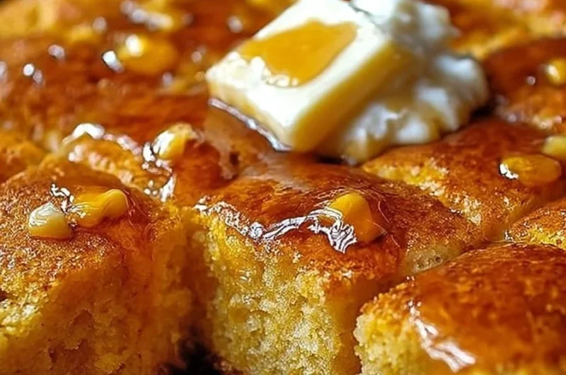 Delicious honey butter cornbread in a cast iron skillet