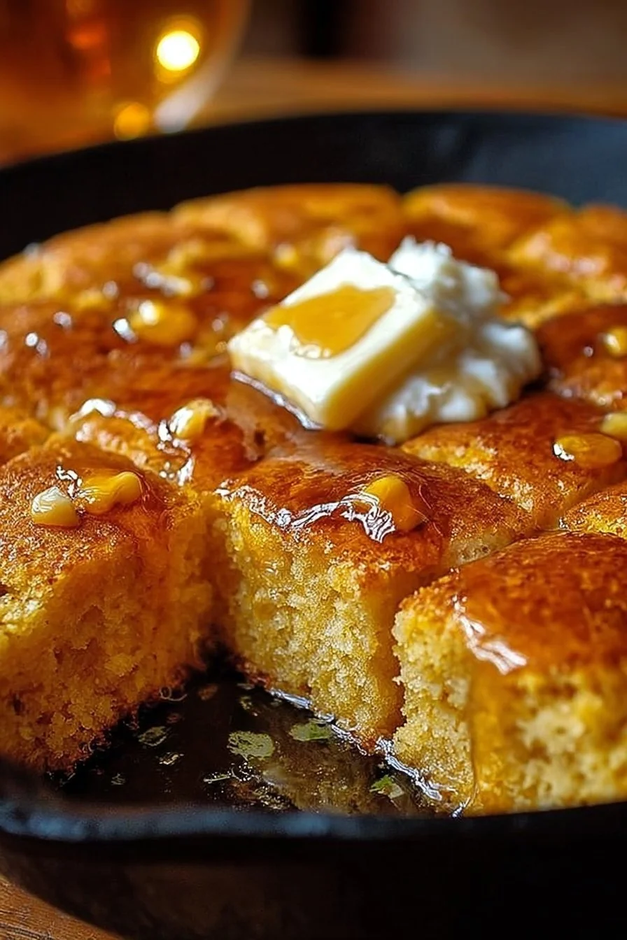 Delicious honey butter cornbread in a cast iron skillet