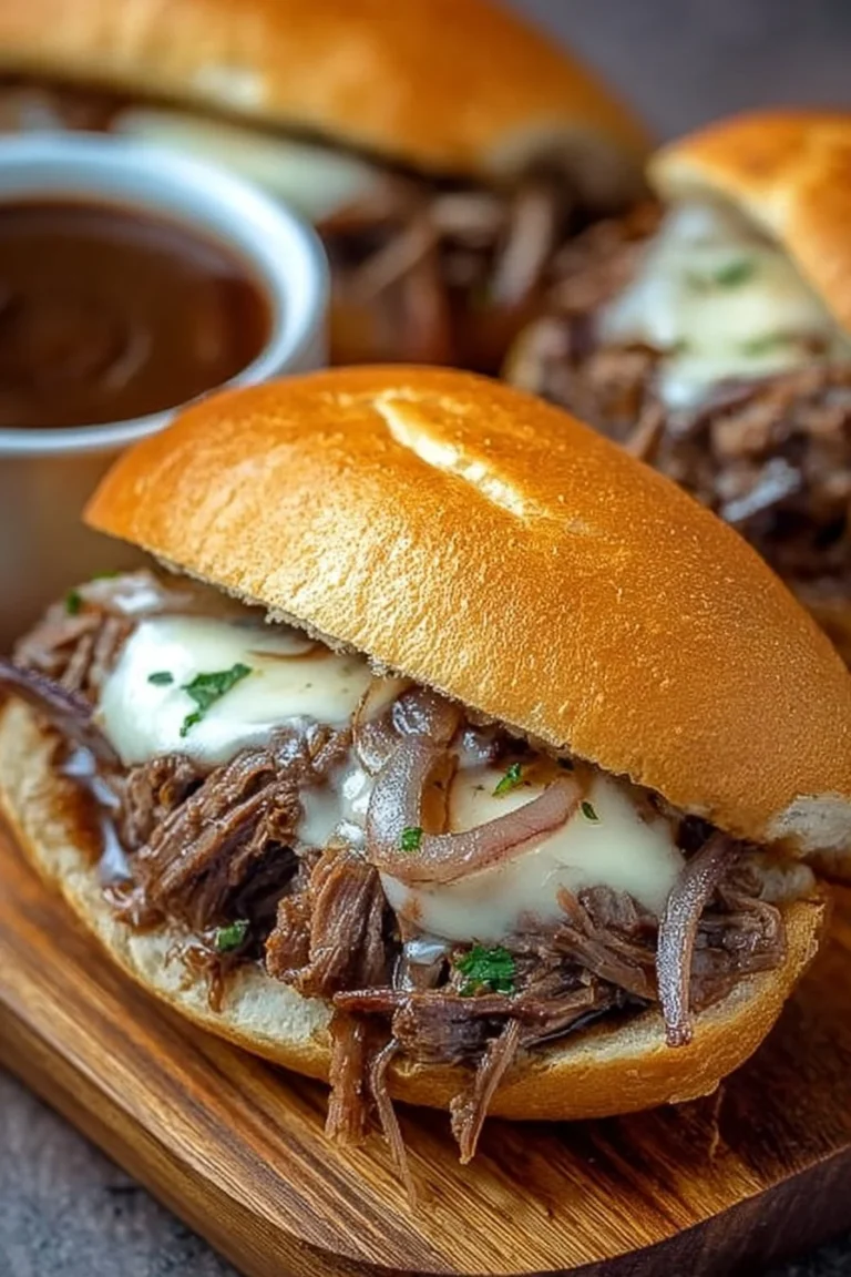 Flavorful slow cooker French dip sandwiches topped with melted cheese and served with au jus.