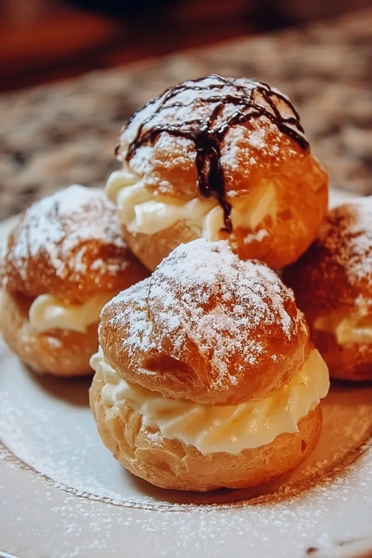 Delicious Italian cream puffs filled with rich cream and dusted with powdered sugar.