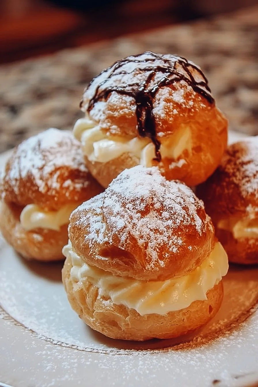 Delicious Italian cream puffs filled with rich cream and dusted with powdered sugar.