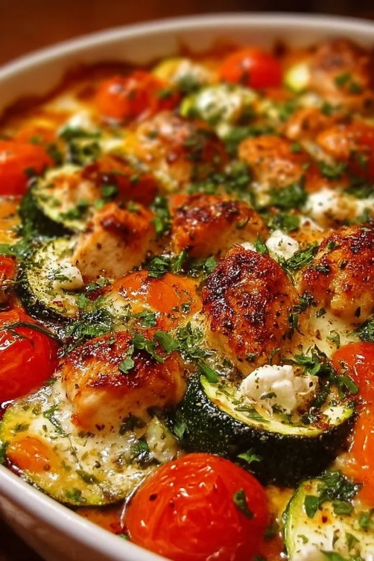 Baked Mediterranean Chicken with zucchini, herbs, and spices in a casserole dish.