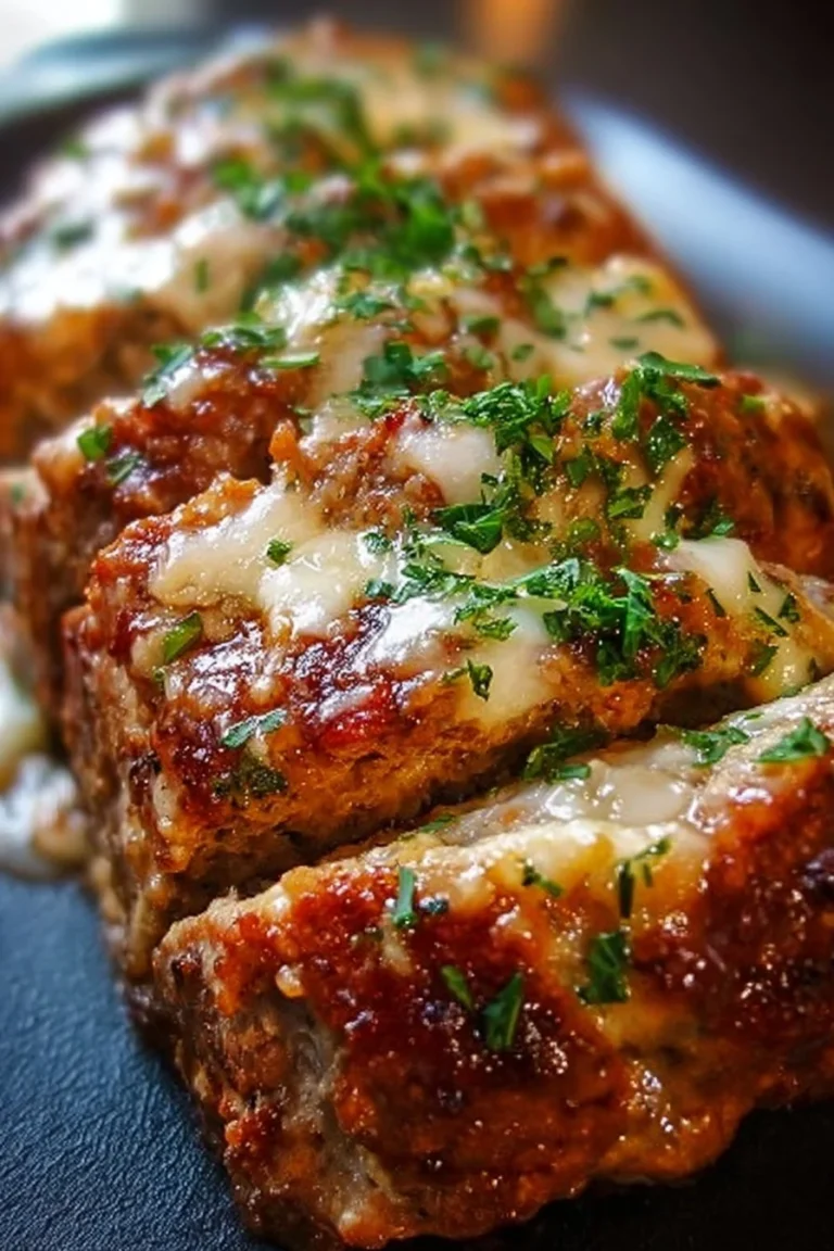 Melt-in-your-mouth garlic parmesan chicken meatloaf served on a plate