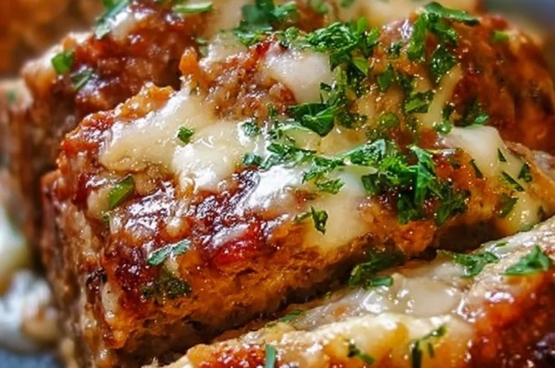 Melt-in-your-mouth garlic parmesan chicken meatloaf served on a plate