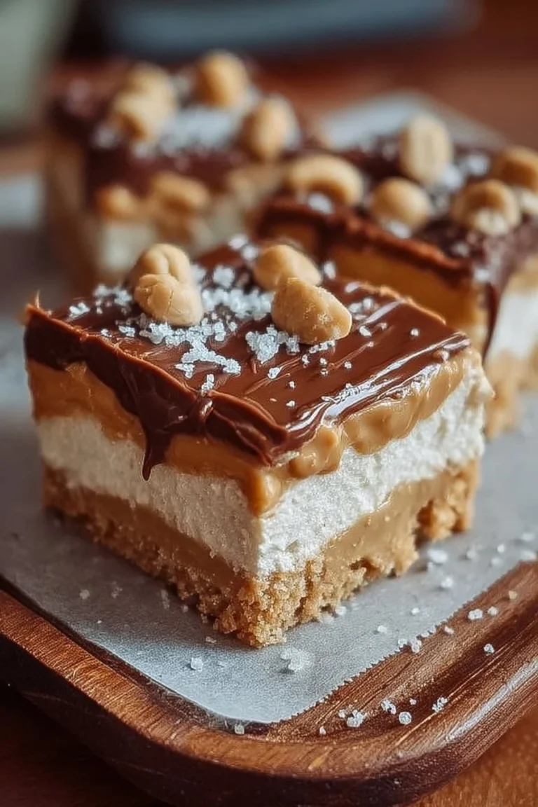 No Bake Peanut Butter Cheesecake Bars topped with chocolate drizzle and peanuts.