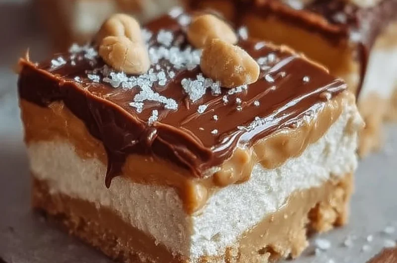 No Bake Peanut Butter Cheesecake Bars topped with chocolate drizzle and peanuts.