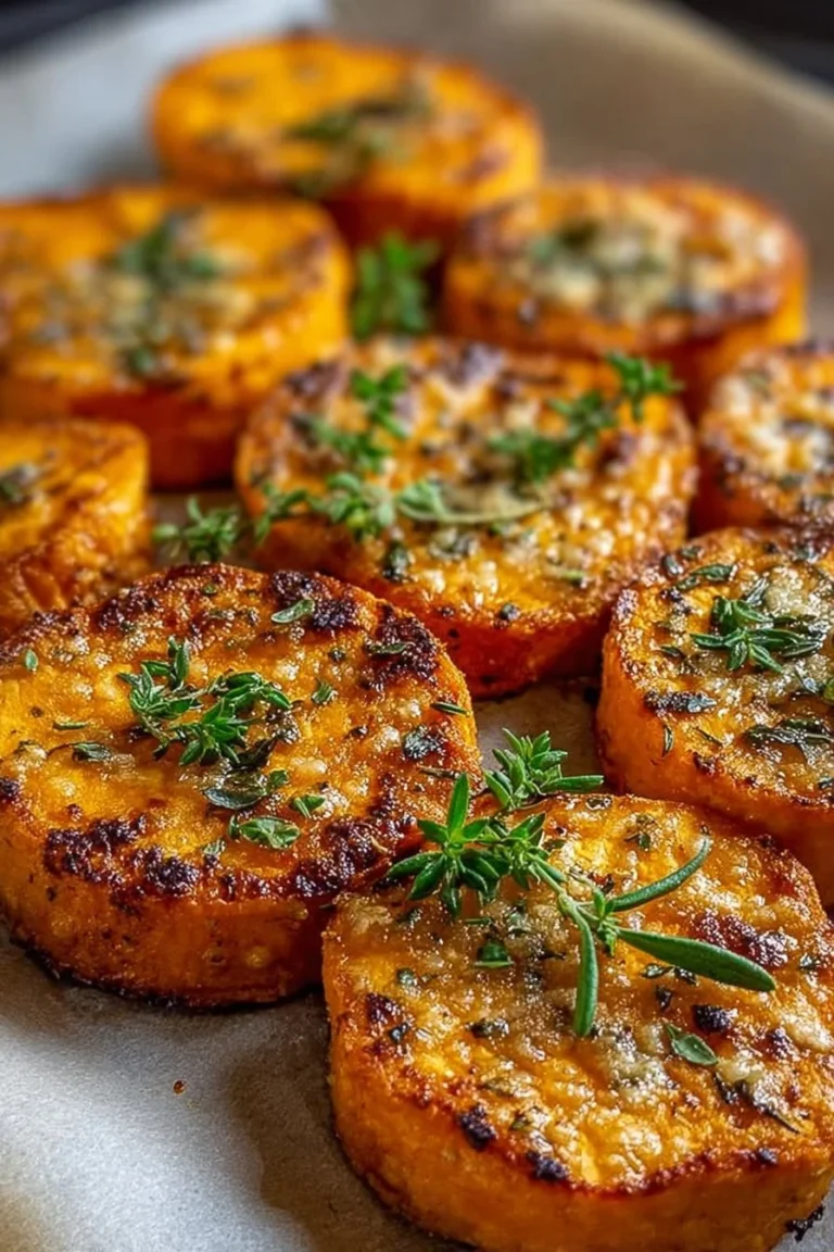 Oven-roasted Parmesan Herb Sweet Potato Medallions garnished with herbs.