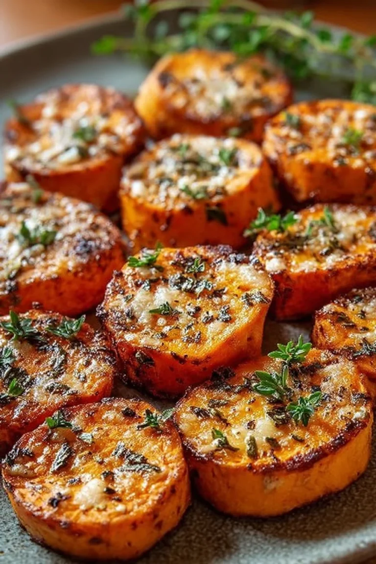 Parmesan Herb Sweet Potato Medallions on a plate garnished with herbs