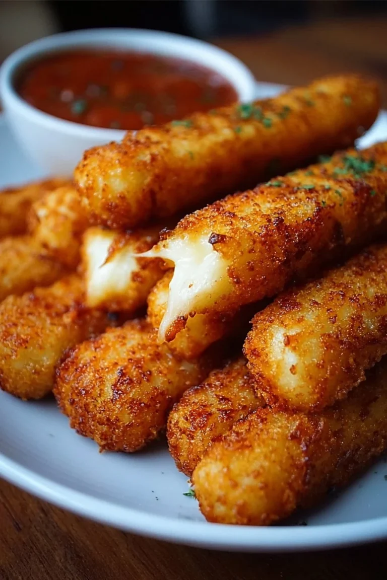 Crispy golden mozzarella sticks on a plate with dipping sauce