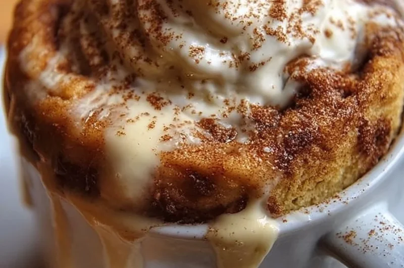 Delicious cinnamon roll mug cake topped with icing in a microwave-safe mug.