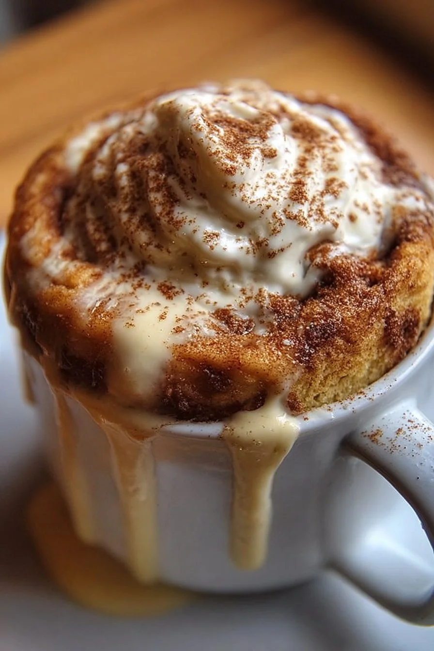 Delicious cinnamon roll mug cake topped with icing in a microwave-safe mug.