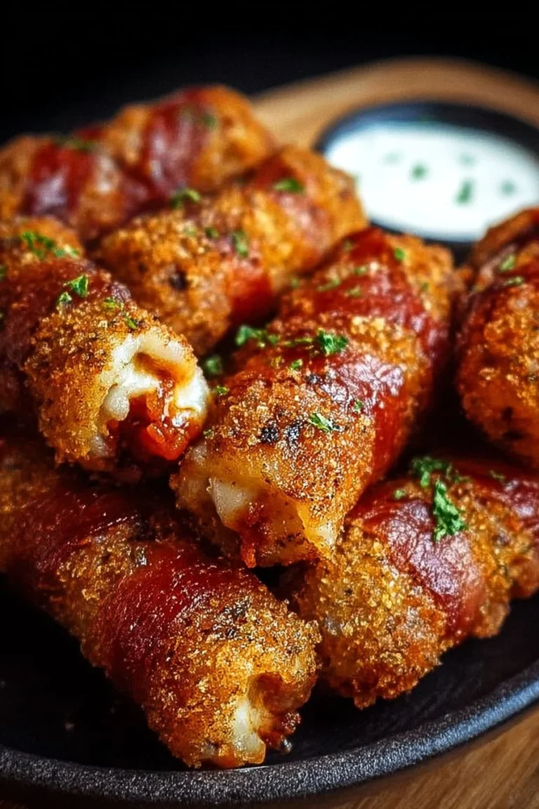 Savory Bacon Mozzarella Sticks served with dipping sauce