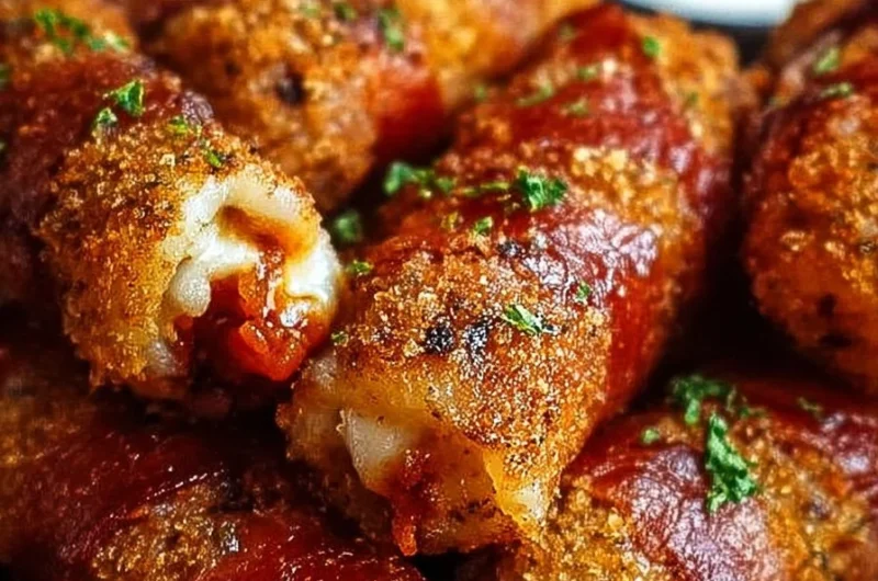 Savory Bacon Mozzarella Sticks served with dipping sauce