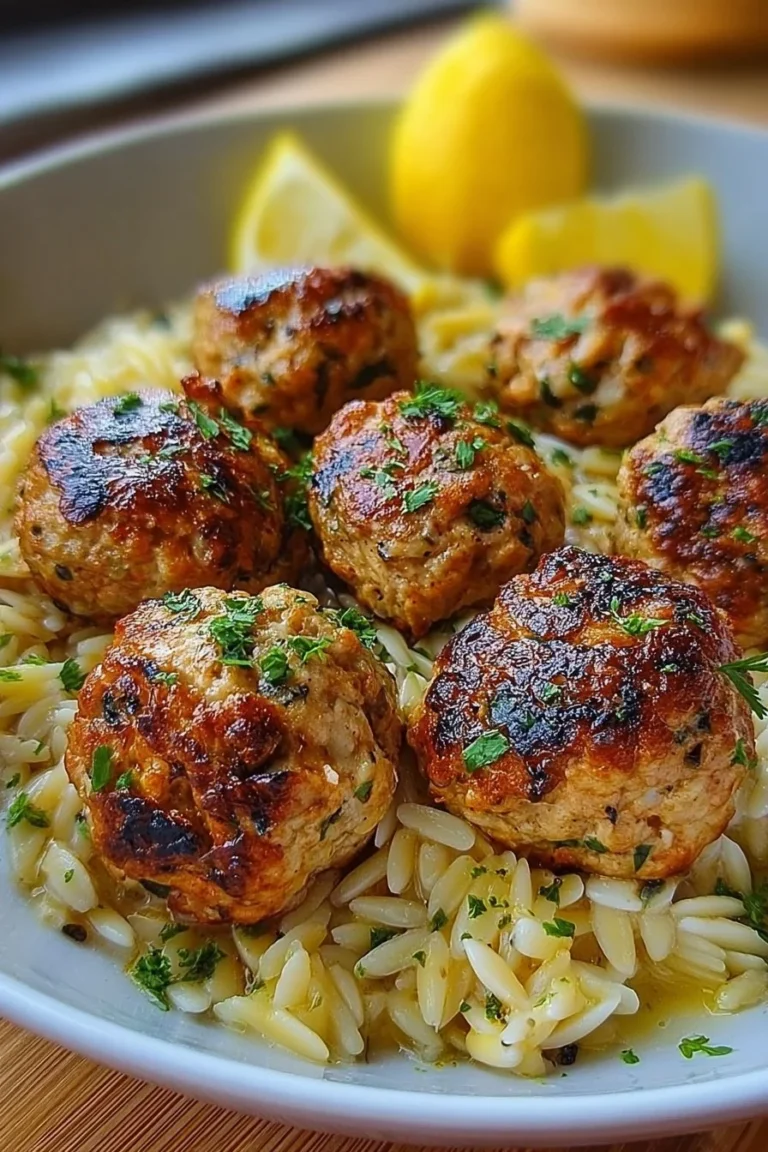 Savory Greek chicken meatballs served with lemon orzo for a tasty dish