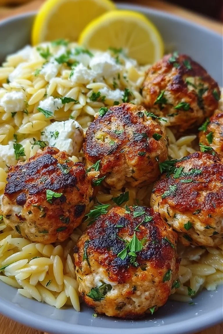 Savory Greek chicken meatballs with zesty lemon orzo on a plate