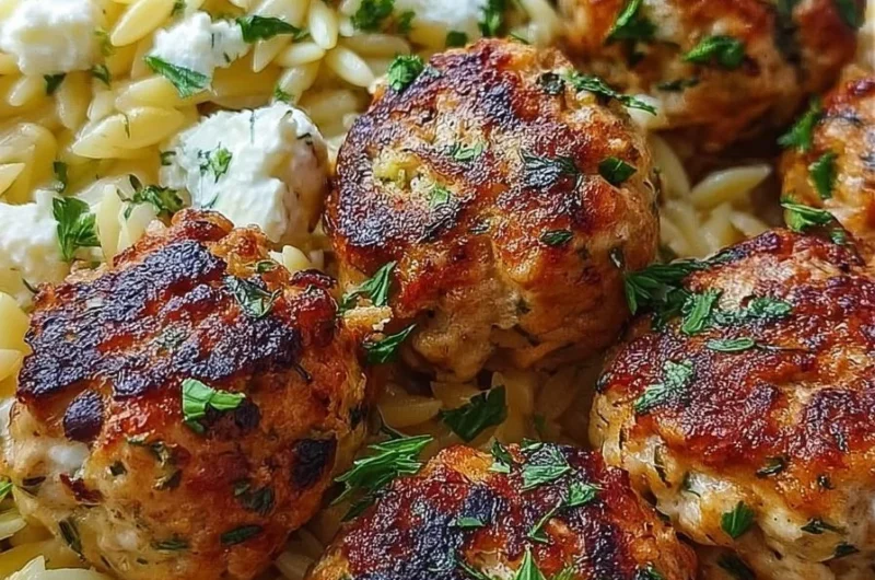 Savory Greek chicken meatballs with zesty lemon orzo on a plate