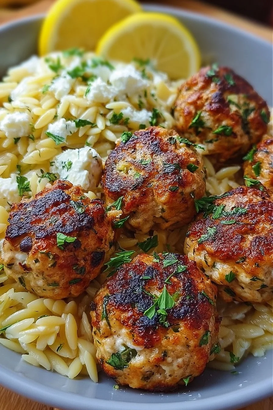 Savory Greek chicken meatballs with zesty lemon orzo on a plate