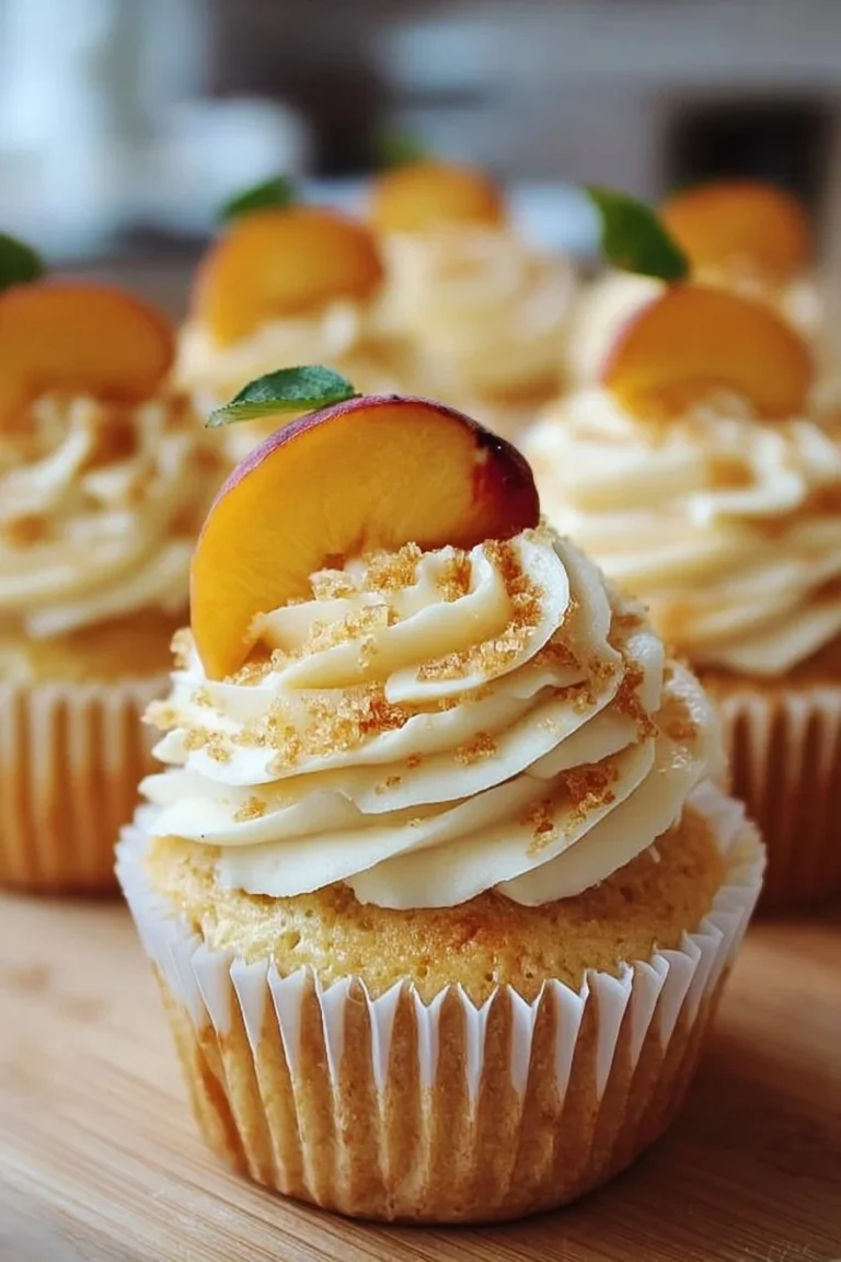 Delicious sweet honey peach cream cheese cupcakes topped with fresh peach slices.