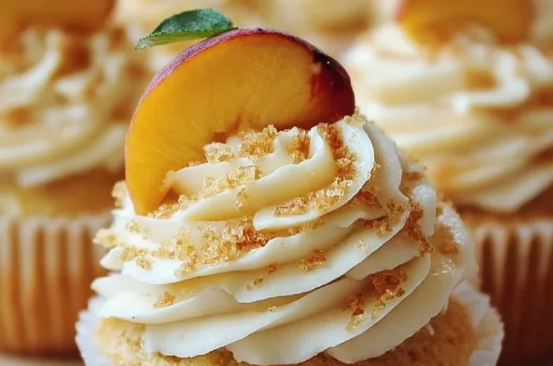 Delicious sweet honey peach cream cheese cupcakes topped with fresh peach slices.