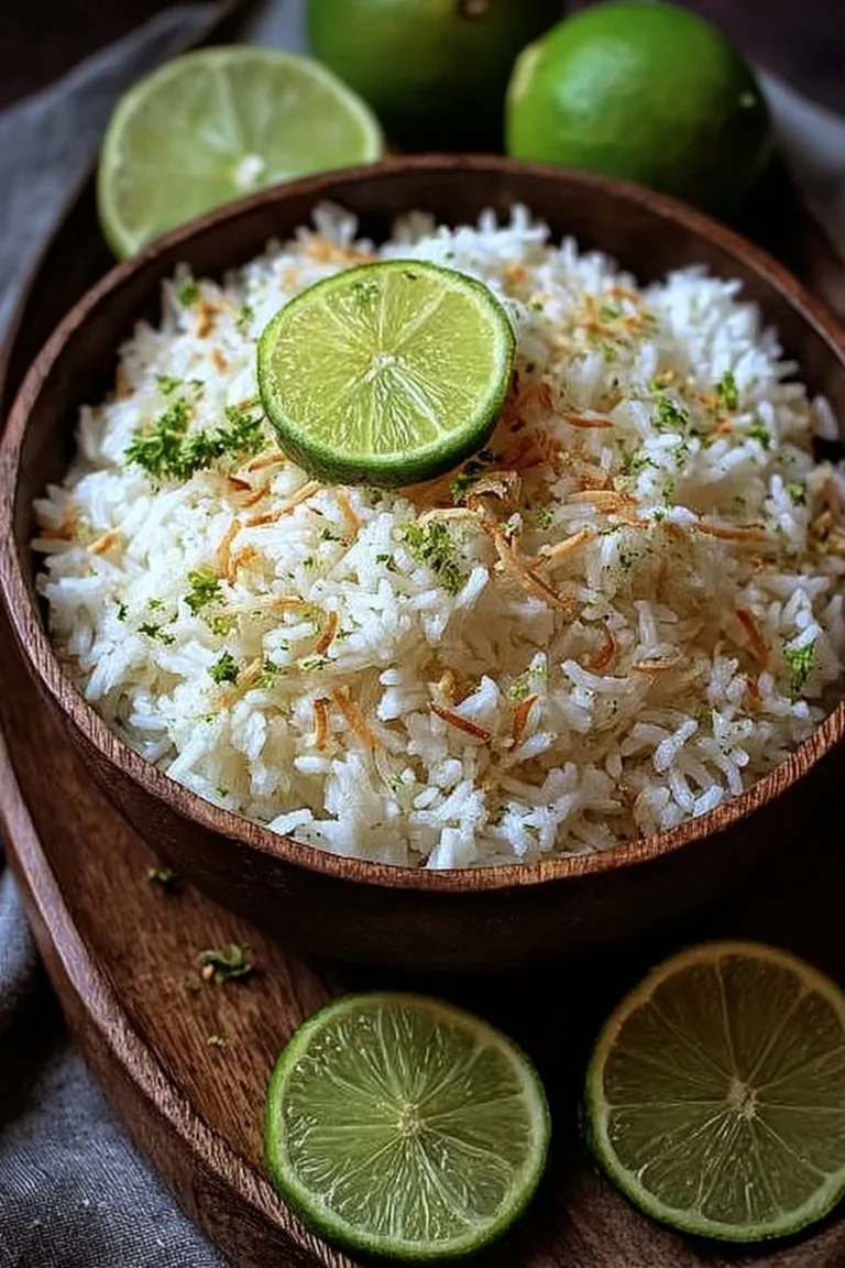 Bowl of Tropical Zesty Lime and Coconut Rice topped with fresh lime and coconut flakes