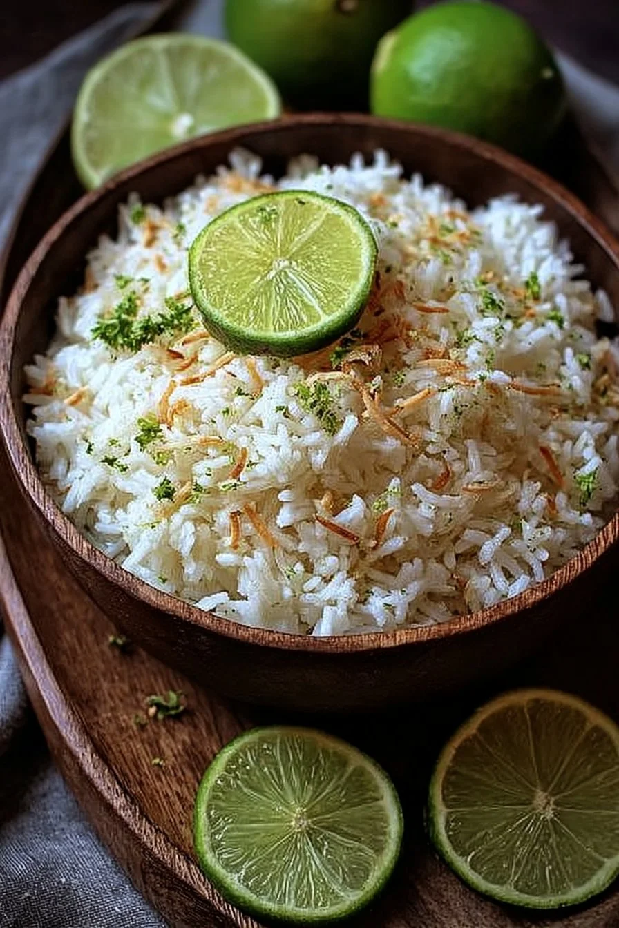Bowl of Tropical Zesty Lime and Coconut Rice topped with fresh lime and coconut flakes