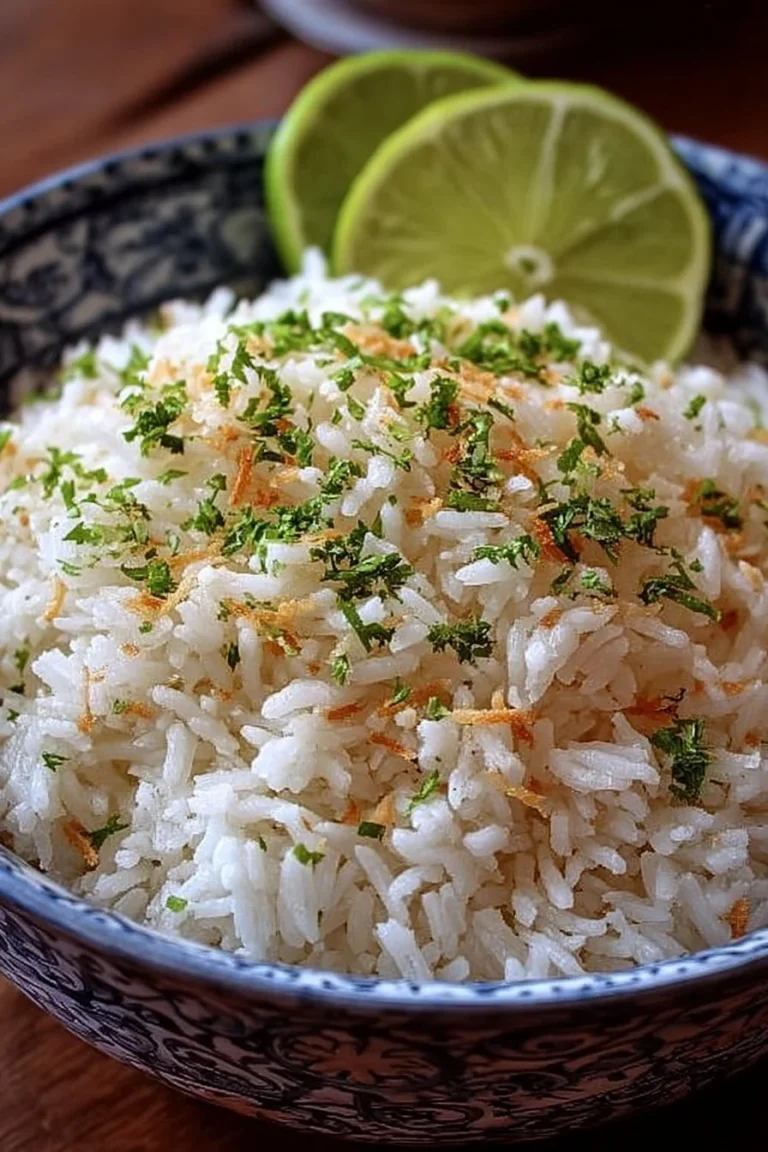 Bowl of lime coconut rice garnished with lime and coconut flakes