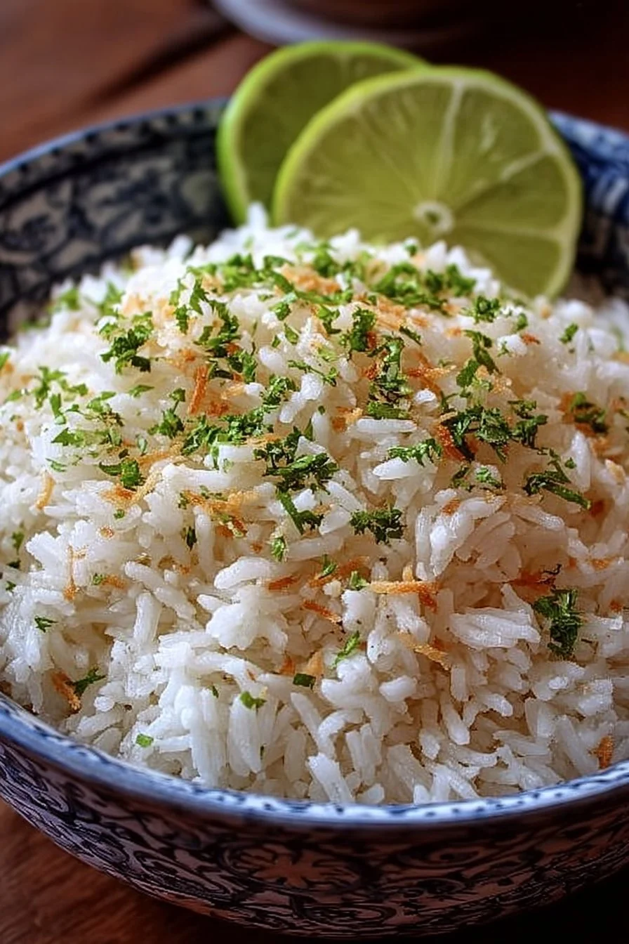Bowl of lime coconut rice garnished with lime and coconut flakes