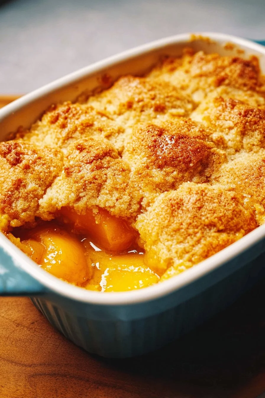 3-Ingredient peach cobbler dessert with ripe peaches and golden crust