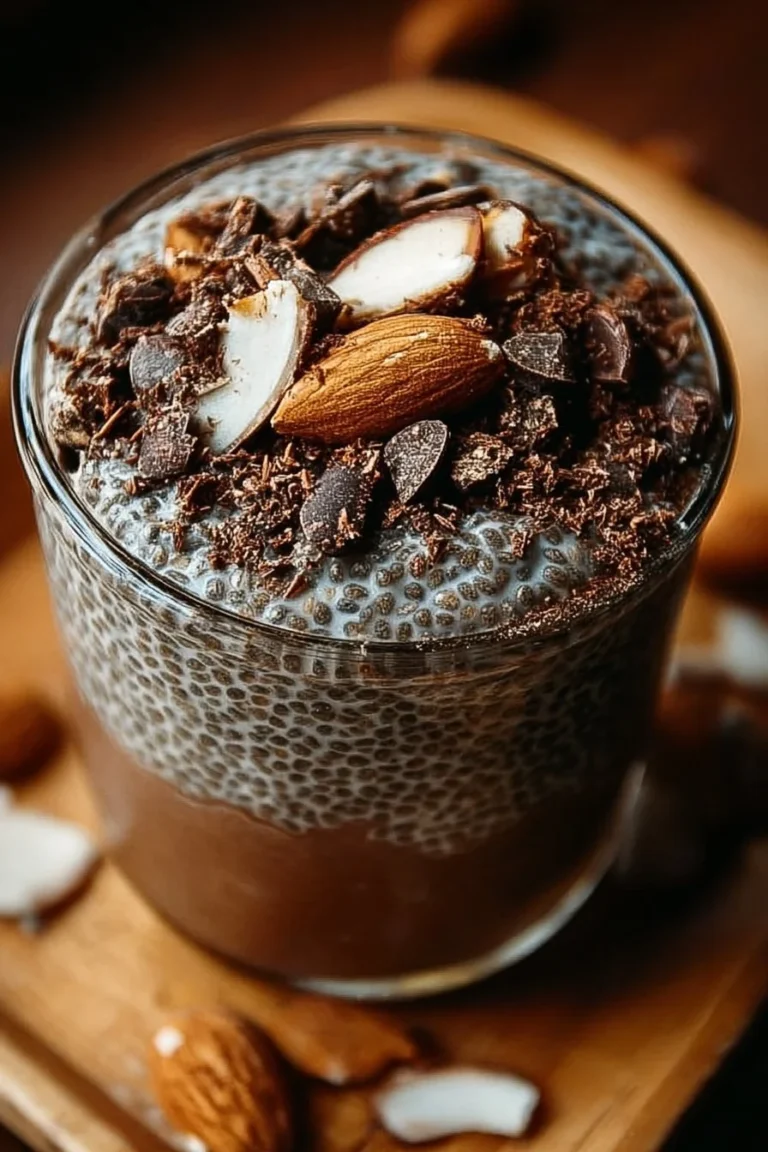 Almond Joy Chia Pudding topped with coconut and almonds