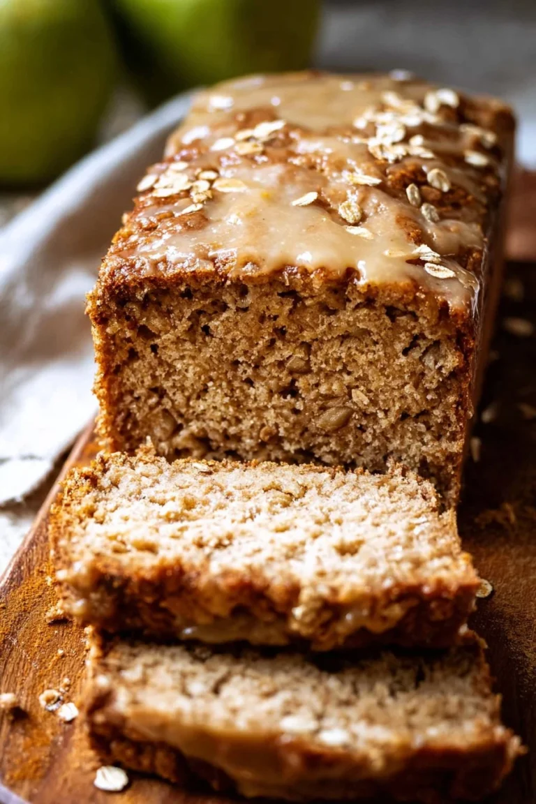 Freshly baked apple cinnamon oatmeal bread sliced on a wooden board