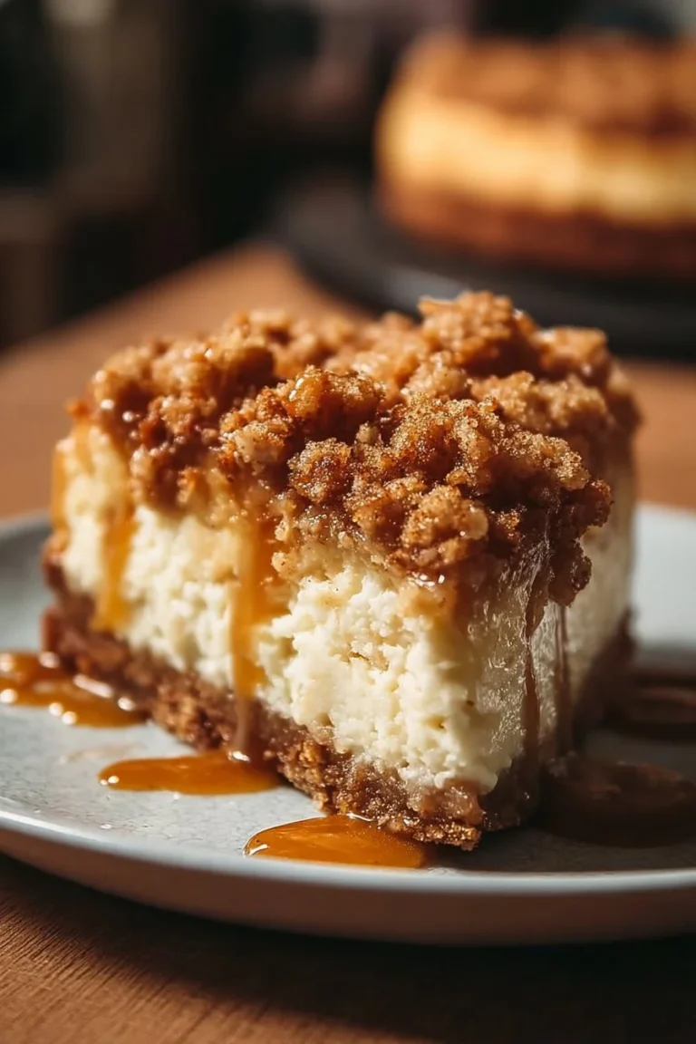 A decadent slice of Apple Crisp Cheesecake topped with a crispy apple crumble.