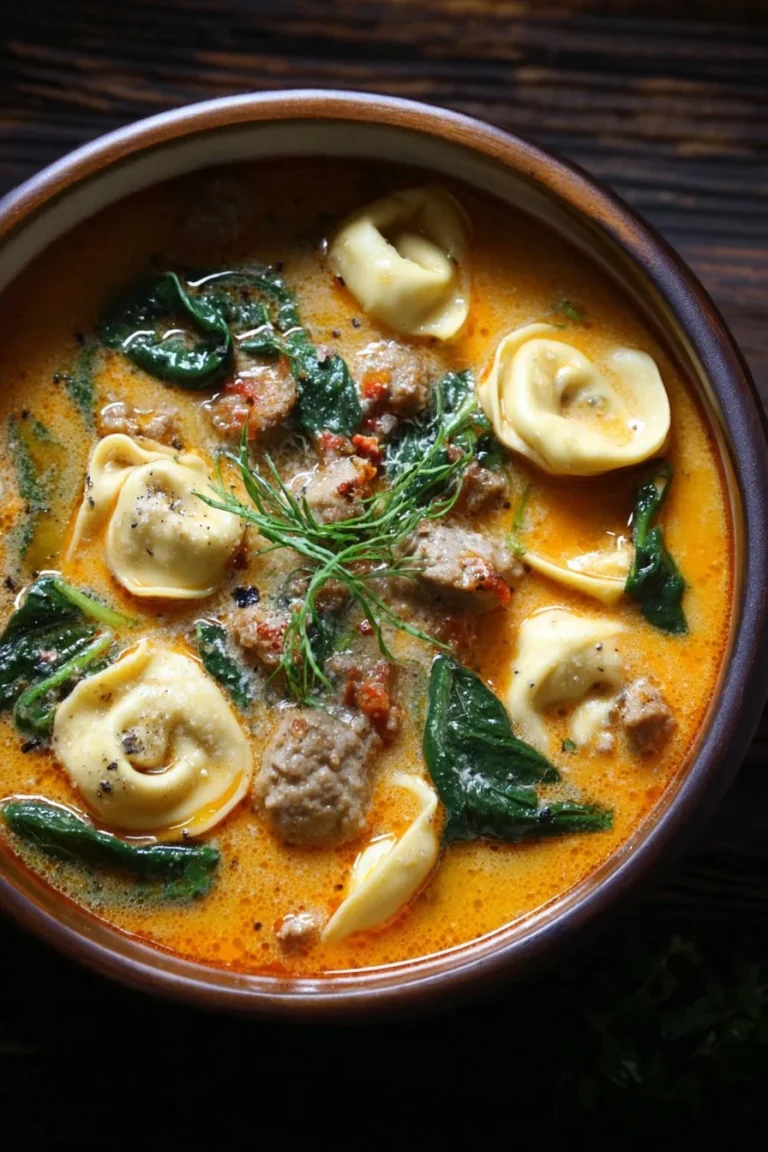 Bowl of Sausage Tortellini Soup with fresh spinach, autumn comfort food