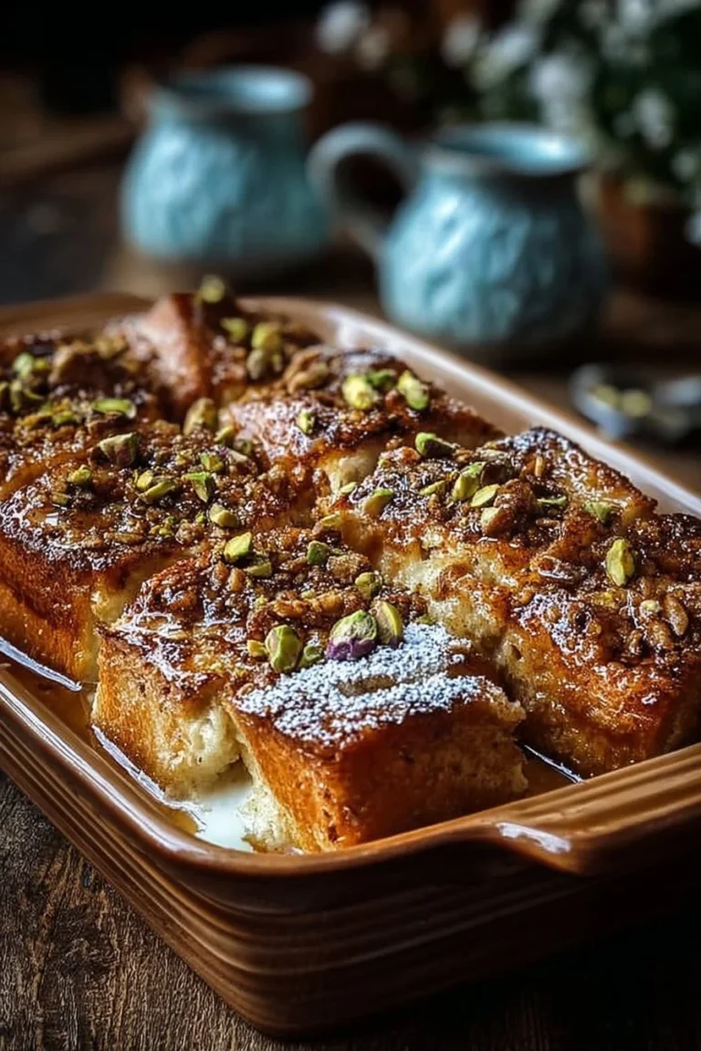 Delicious Baklava French Toast Bake topped with nuts and syrup for brunch