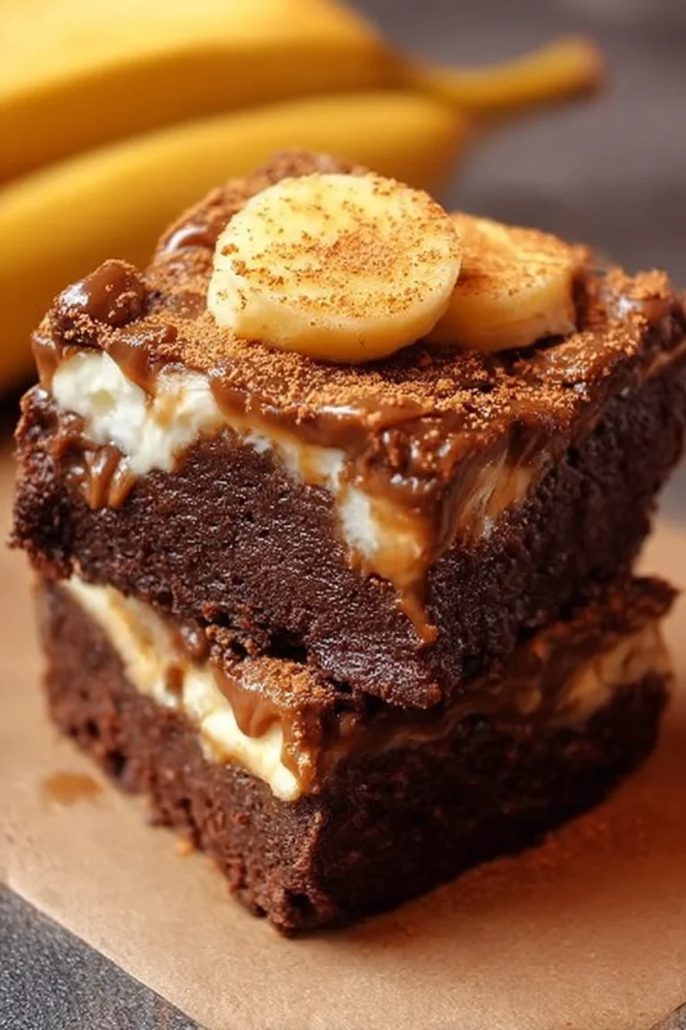 Delicious banana pudding brownies with a creamy glaze and banana slices on top