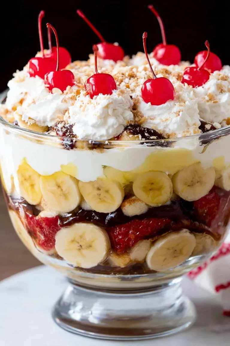 Delicious Banana Split Trifle with layers of banana, cream, and ice cream