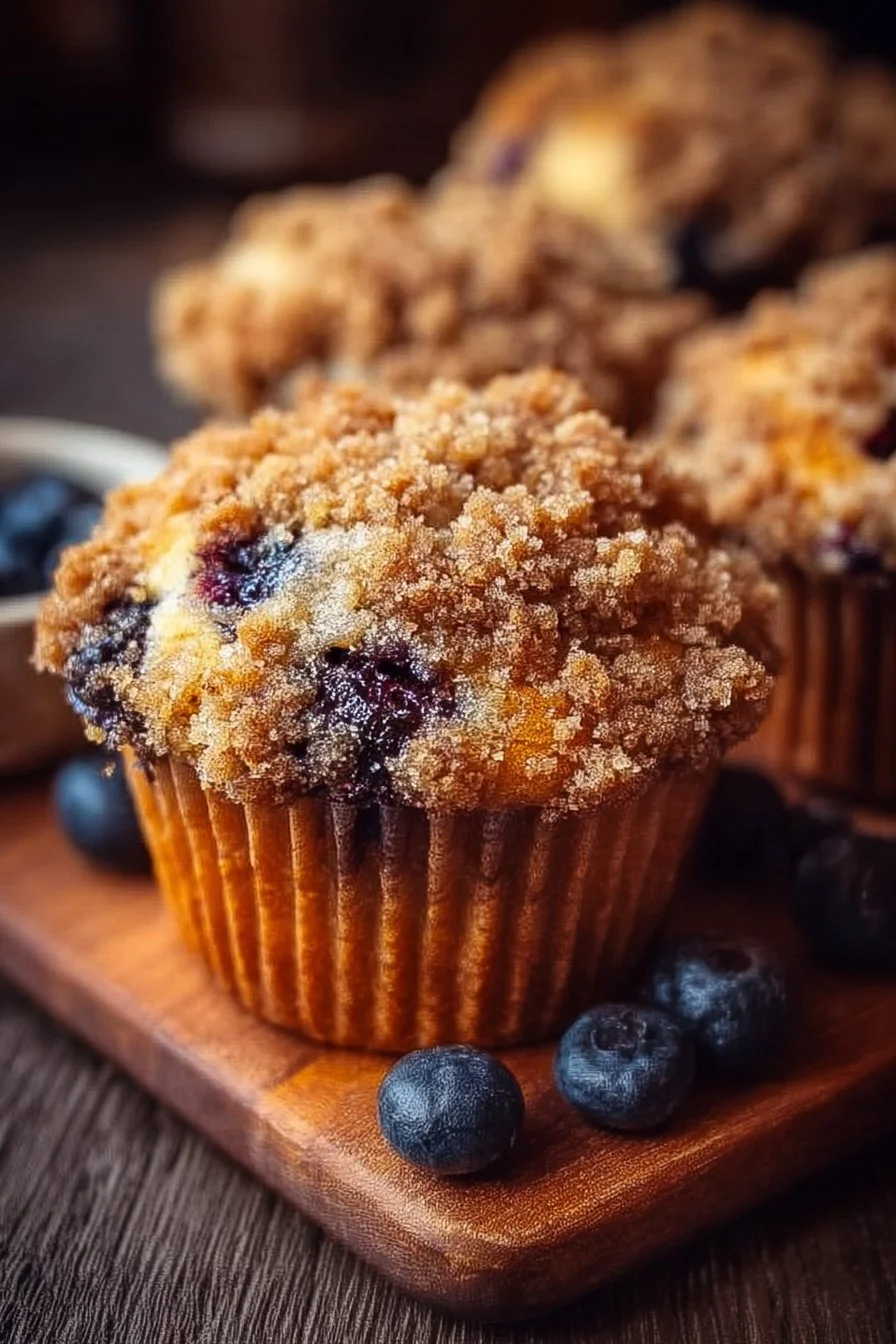 Blueberry Bliss Muffins topped with crunchy streusel