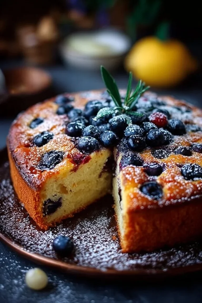 Slice of blueberry lemon ricotta cake with fresh blueberries on top.