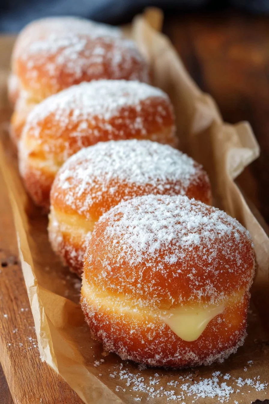 Delicious Bomboloni, traditional Italian donuts dusted with sugar
