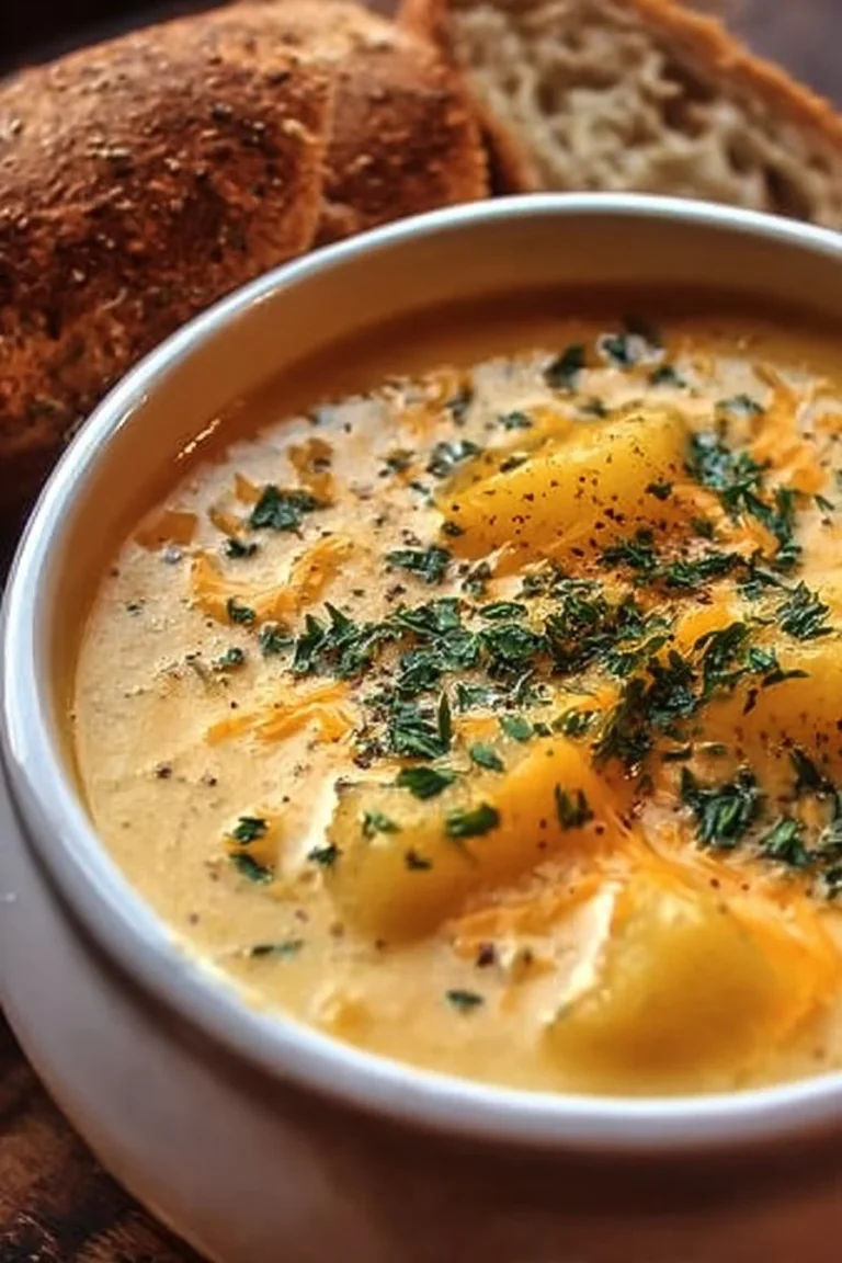 Bowl of Cheddar Garlic Herb Potato Soup topped with herbs and cheese